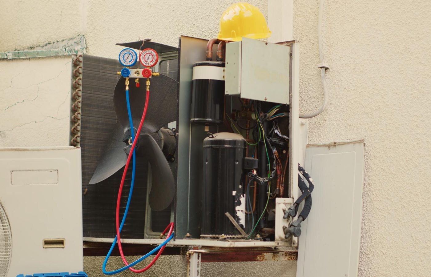 tilt-up-shot-out-service-condenser-unit-with-protection-cover-removed-need-fixing-with-damaged-electric-internal-parts-outside-hvac-system-working-anymore-ready-be-fixed_482257-64976