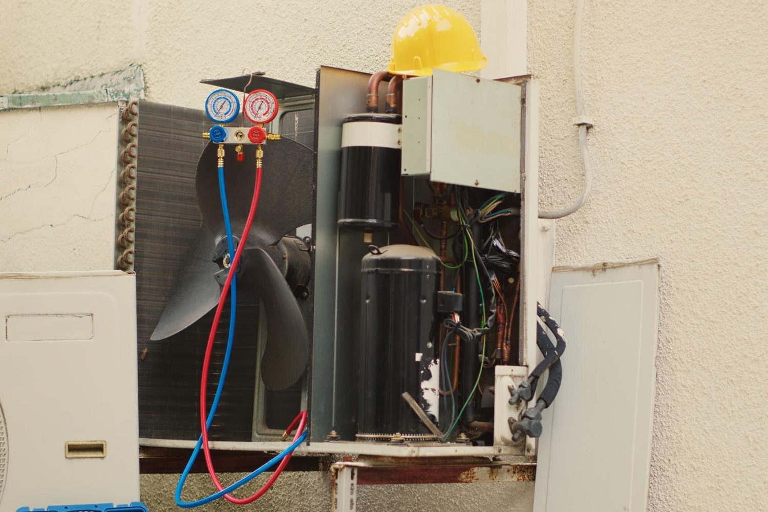 tilt-up-shot-out-service-condenser-unit-with-protection-cover-removed-need-fixing-with-damaged-electric-internal-parts-outside-hvac-system-working-anymore-ready-be-fixed_482257-64976